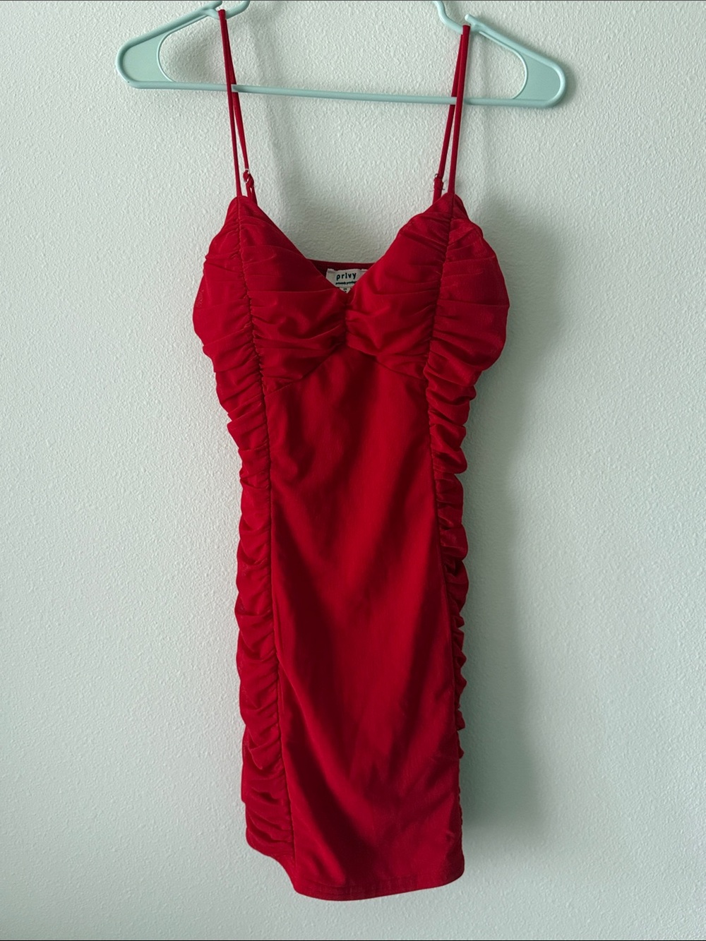 Privy Vibrant Red Ruched Mini Dress with Spaghetti Straps